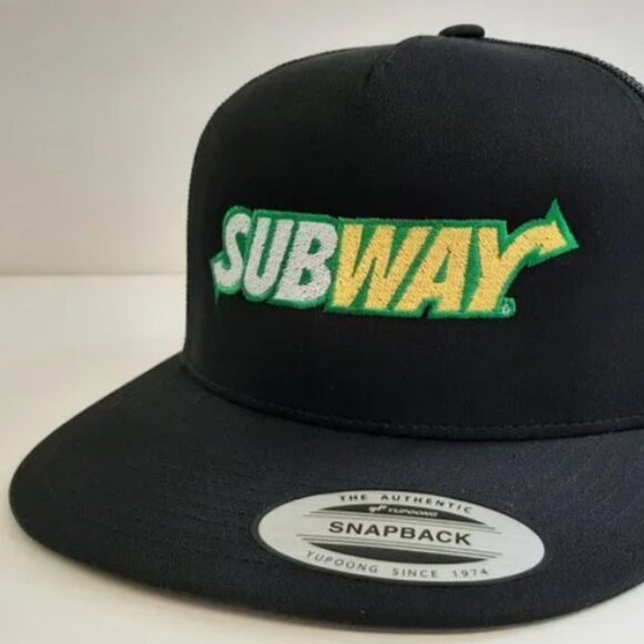 Subway Black Flat Bill Mesh Snapback Yupoong Hat Cap - Picture 1 of 4